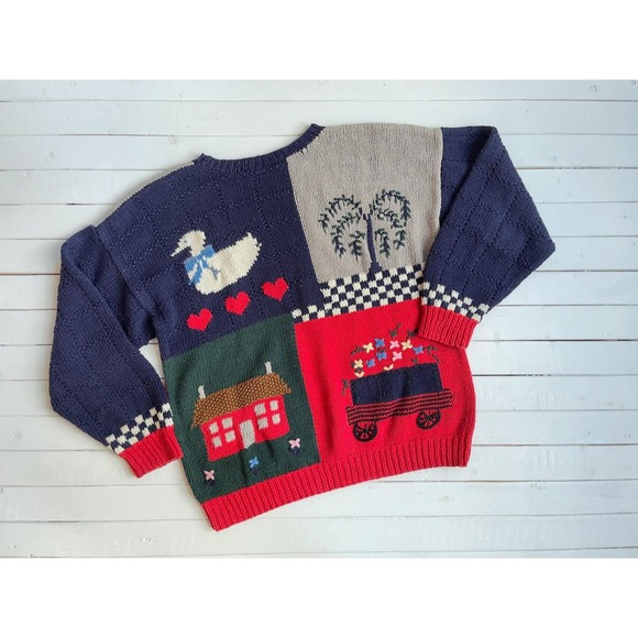 Deans of Scotland vtg red blue duck bird house farm animal cotton sweater - Picture 3 of 3